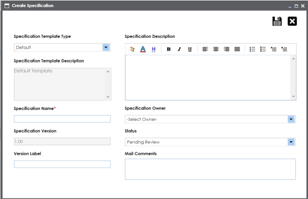 Create Specifications Page