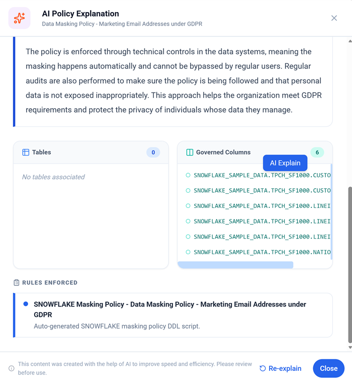 AI Explainantion pane displaying Tables, Columns, and Rules