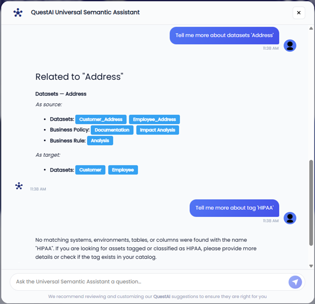 QuestAI Universal Sematic Assistant's response to the more about address and HIPAA