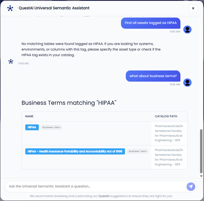 QuestAI Universal Sematic Assistant's response about HIPAA tagged business terms