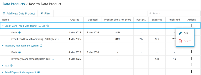 Data Product Details Update Options