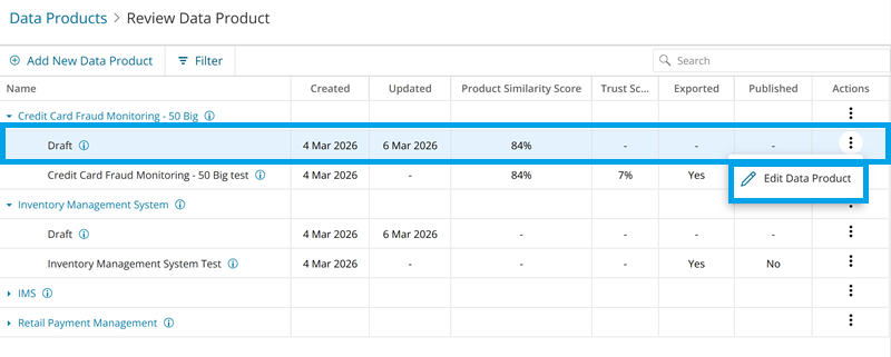 Review Data Product page displaying Draft Version Update