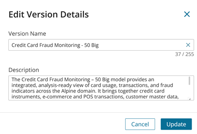 Dialog displaying version details for editing