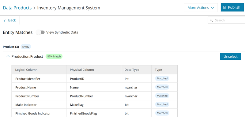 Entity Matches displaying the matched table and columns