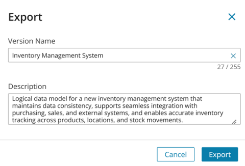 Export dialog dispalying  version name and description 