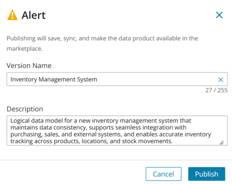 Alert dialog displaying version name and description before publishing