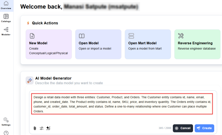 AI Generator panel showing a structured prompt with entities, fields, types, and relationships
