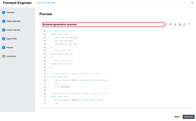 Forward Engineering preview showing generated SQL for review