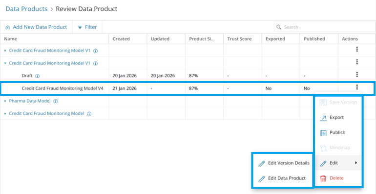 Review Data Product page displaying Options