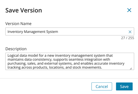 Save Version dialog displaying version name and description