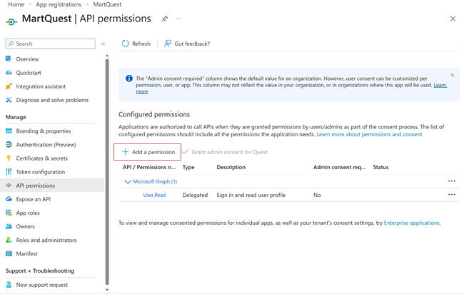 API Permissions page displaying the Add a permission option