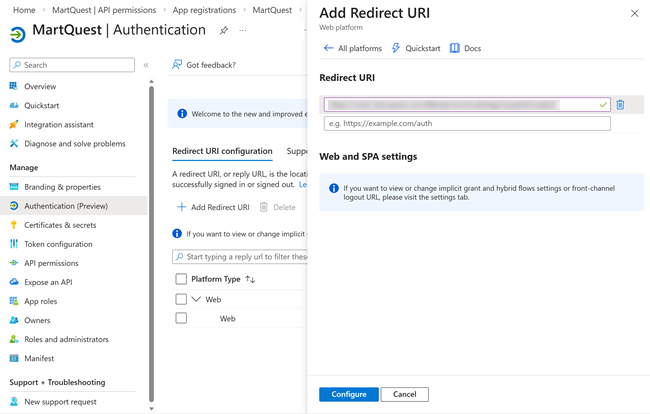 Add Redirect URI page