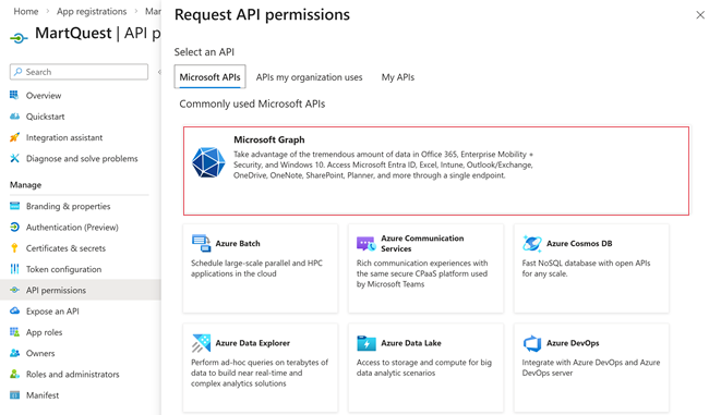 Request API permissions page displaying the Microsoft Graph option
