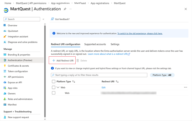 Authentication page diaplaying the Add redirect URI option
